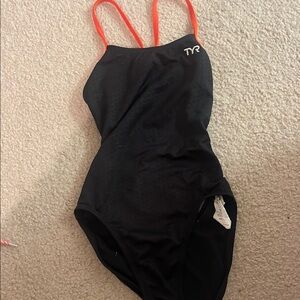 TYR Black and Orange One Piece Swimsuit Sporty Design